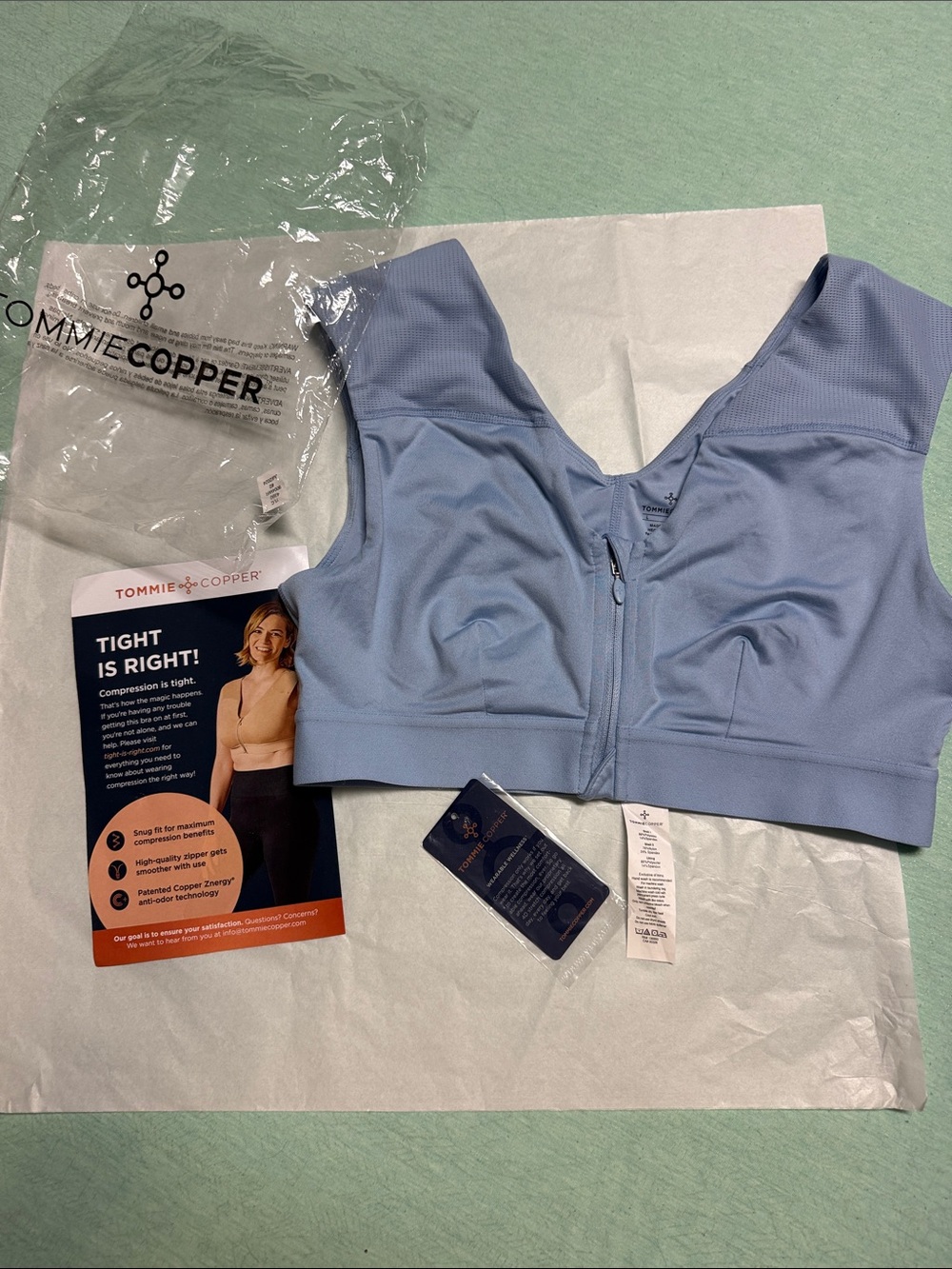 Tommie Copper blue shoulder support compression bra full front zipper size L